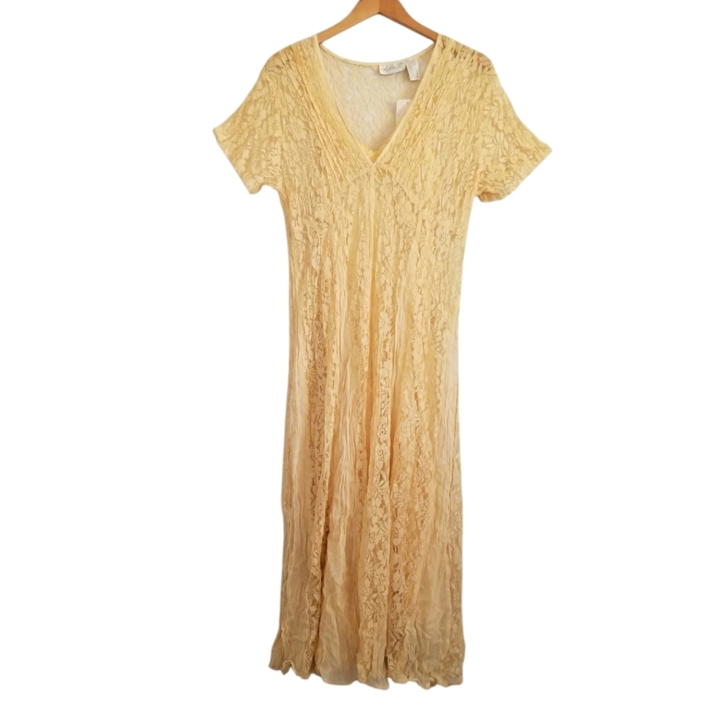 Vintage Boho NWT Lola P Yellow Lace V-Neck Maxi Dress Size Large LBT
